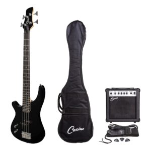 Casino CTB-24S-L-BLK ’24 Series’ Left Handed Short Scale Tune-Style Electric Bass Guitar and 15 Watt Amplifier Pack