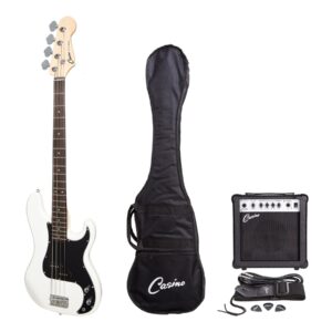 Casino CPB-21-WHT P-Style Electric Bass Guitar and 15 Watt Amplifier Pack