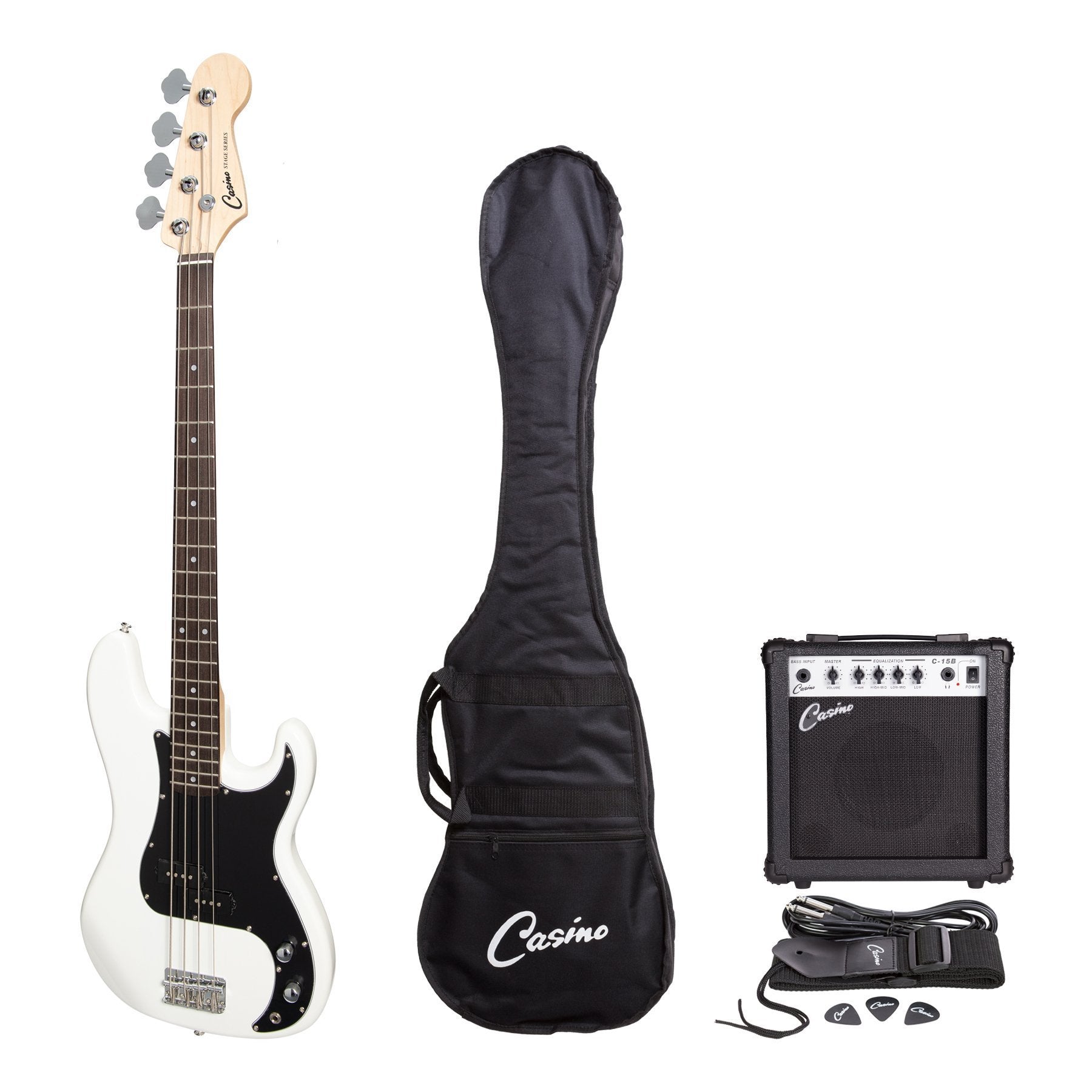 Casino CPB-21-WHT P-Style Electric Bass Guitar and 15 Watt Amplifier Pack