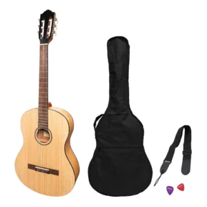 Martinez ‘Slim Jim’ Full Size Electric Classical Guitar Pack with Pickup/Tuner (Mindi-Wood)